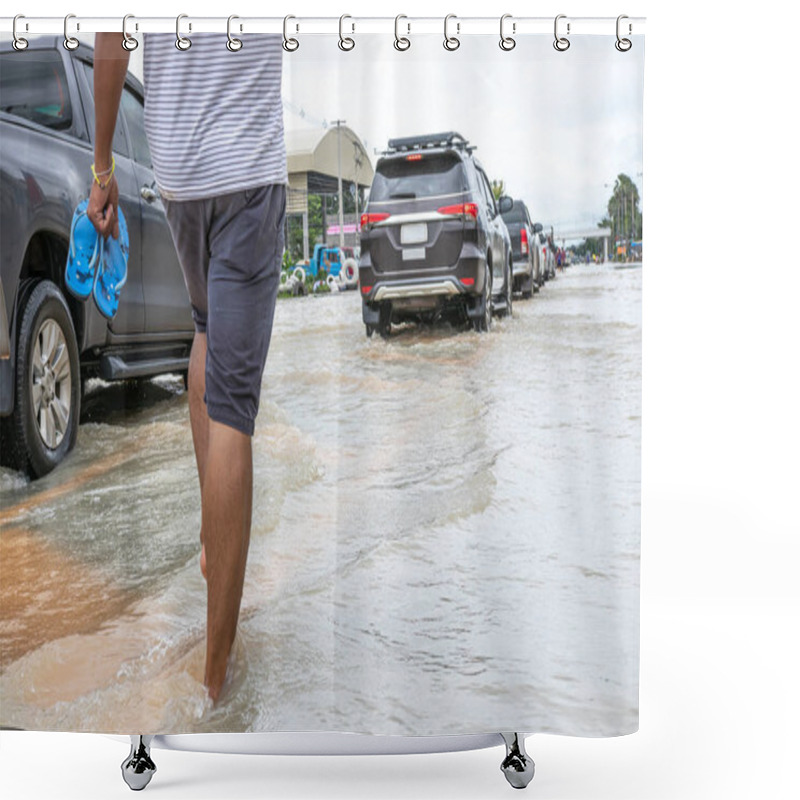 Personality  The Man Walk On Flooded Street, Cars Driving On A Flooded Road.  Shower Curtains