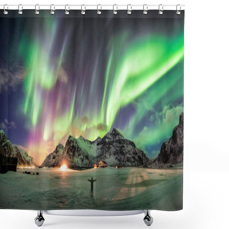 Personality  Aurora Borealis (Northern Lights) Over Mountain With One Person Shower Curtains