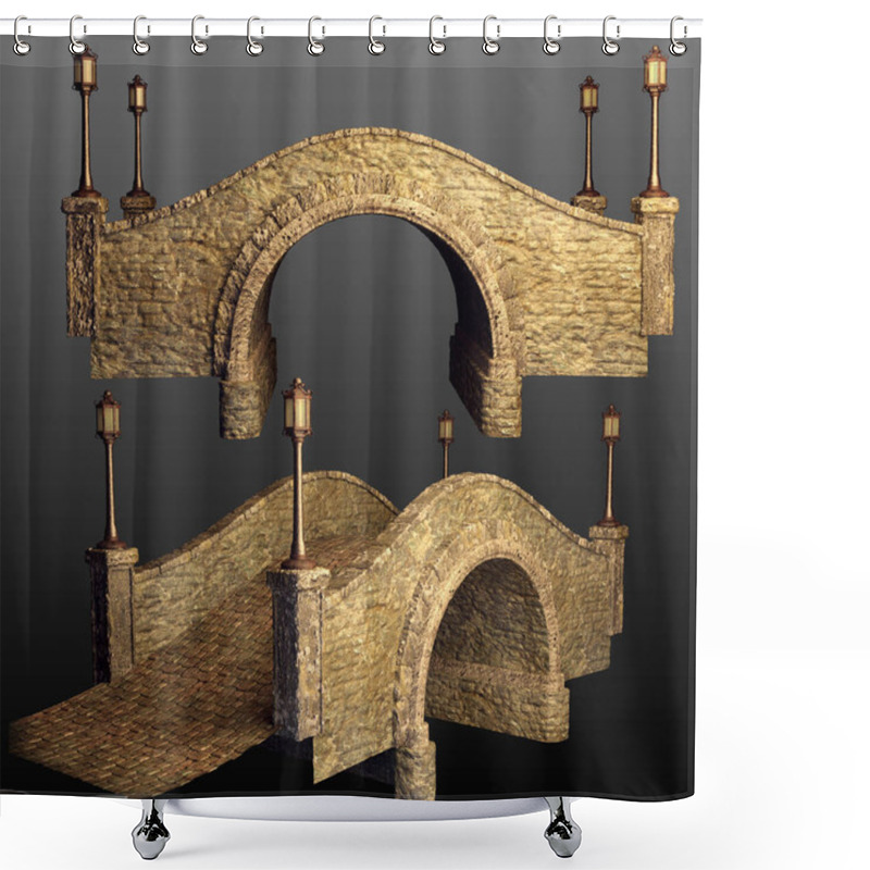 Personality  CGI Old Stone Arched Bridge With Wrought Iron Lamps Shower Curtains