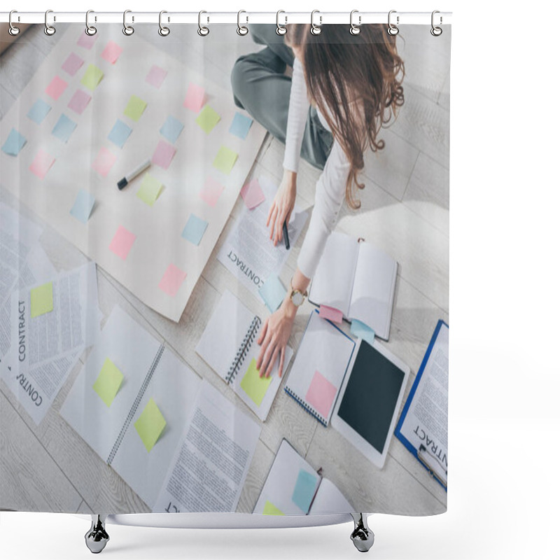 Personality  Cropped View Of Businesswoman Sitting On Floor Near Digital Tablet With Blank Screen And Sticky Notes  Shower Curtains