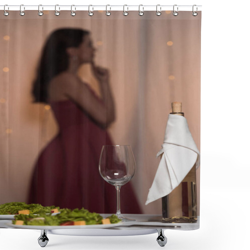 Personality  Selective Focus Of Elegant, Thoughtful Girl Standing Near Served Table In Restaurant Shower Curtains