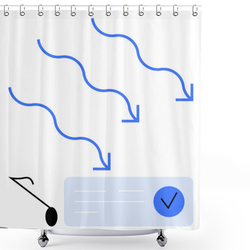 Personality  Blue Arrows Pointing Towards A Checkbox Symbolizing Decisions And A Musical Note Implying Creativity. Ideal For Decision-making, Workflow, Creativity, Productivity, Efficiency, Planning Shower Curtains