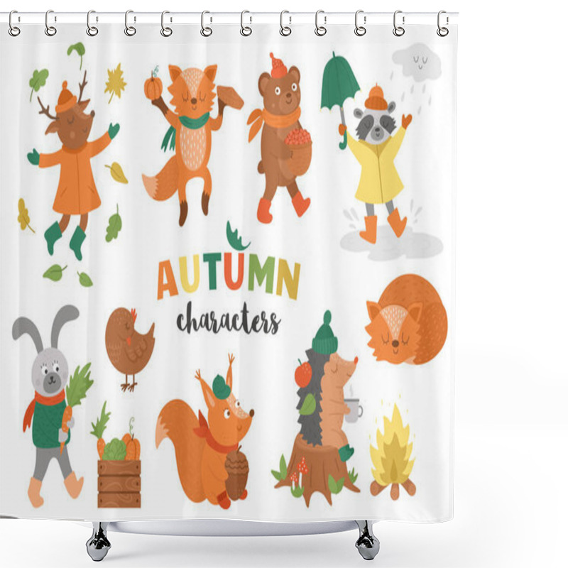 Personality  Set Of Vector Autumn Characters. Cute Woodland Animals Collection. Fall Season Icons Pack For Prints, Stickers.  Funny Forest Illustration Of Hedgehog, Fox, Bird, Deer, Rabbit, Bear, Raccoon, Squirrel. Shower Curtains