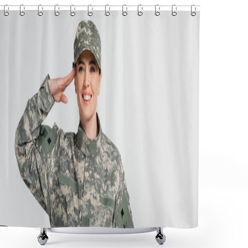 Personality  Cheerful Soldier Saluting And Looking At Camera Isolated On Grey, Banner  Shower Curtains