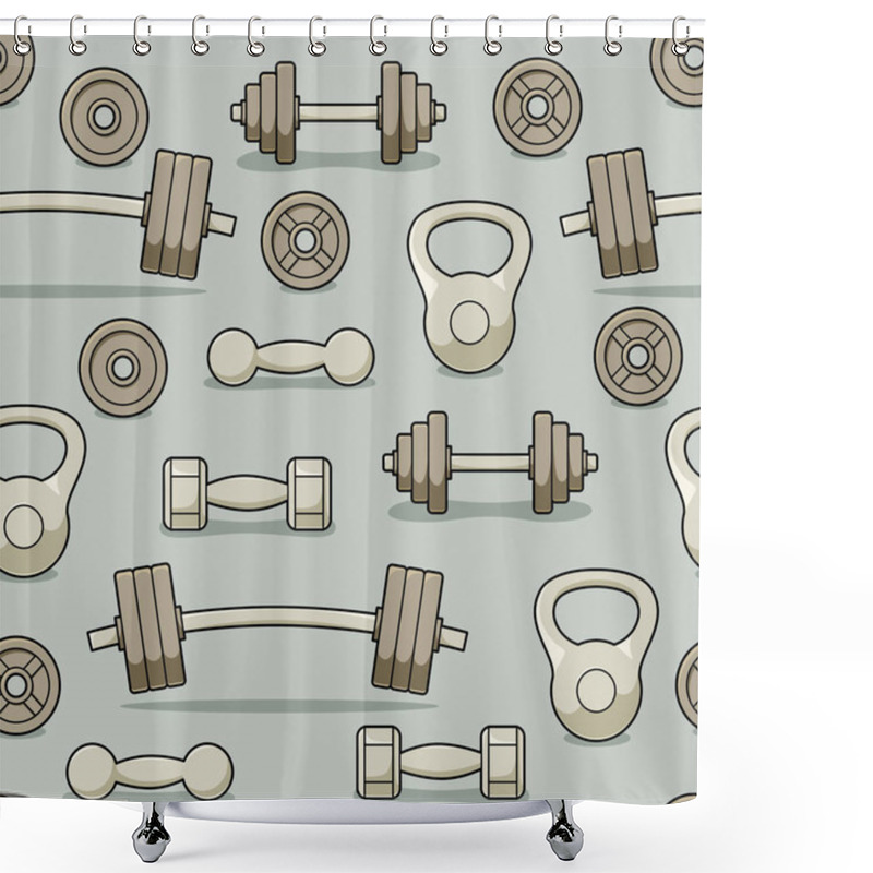 Personality  Gym Barbells And Dumbbells Seamless Pattern, Fitness Center Vector Design Shower Curtains