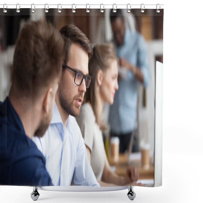 Personality  Men Employees Working Together At Shared Workspace Shower Curtains