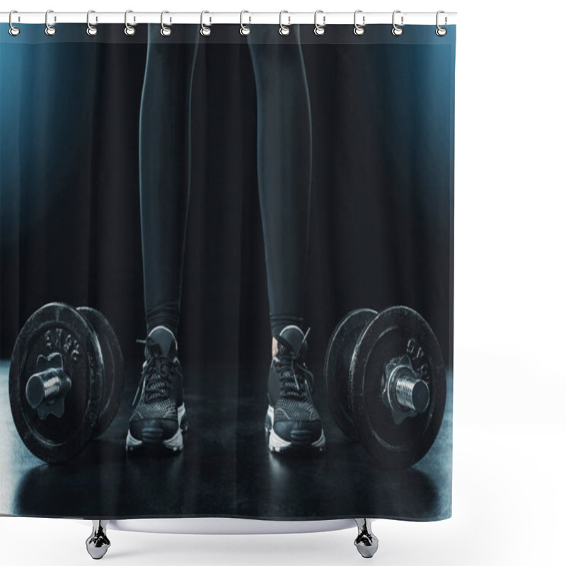 Personality  Sportswoman Standing Near Dumbbells Shower Curtains