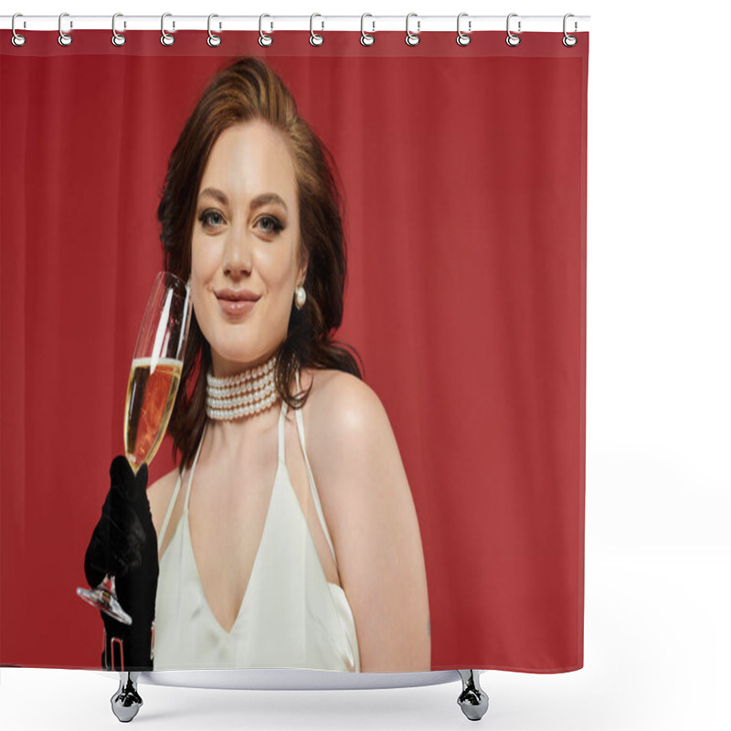 Personality  This Young Woman Exudes Charm And Sophistication While Elegantly Holding A Champagne Glass. Shower Curtains