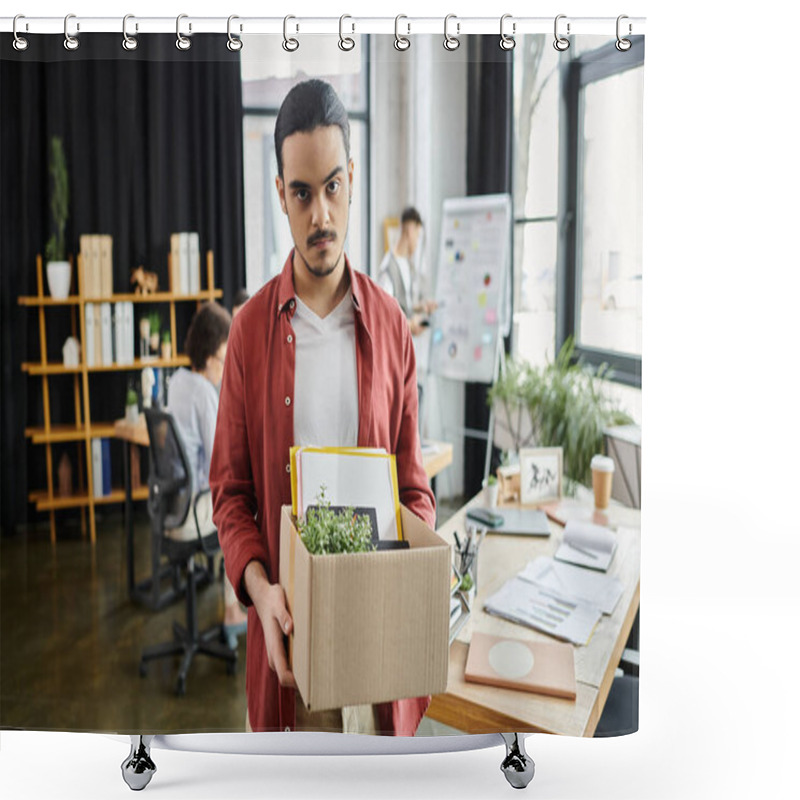 Personality  Professional Pack Belongings Amidst An Emotional Workplace Transition, With Colleagues On Backdrop. Shower Curtains