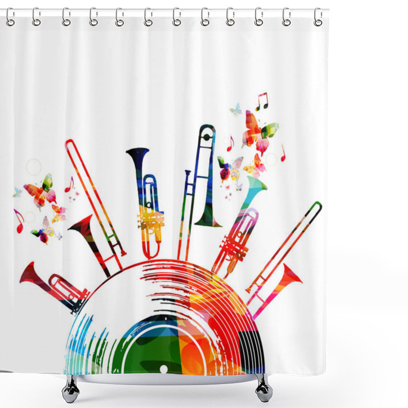 Personality  Colorful Music Background Poster With Vinyl Record, Trumpet And Music Notes. Music Festival Poster Vector Illustration Shower Curtains