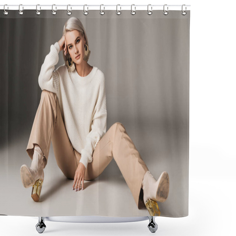 Personality  Fashionable Model Posing In White Sweater, Beige Pants And Autumn Heels, On Grey  Shower Curtains