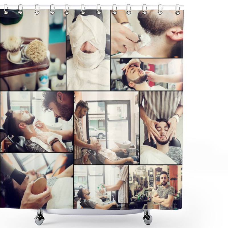 Personality  Collage Of Shaving Beard In A Old Style Barber Shop. Shower Curtains