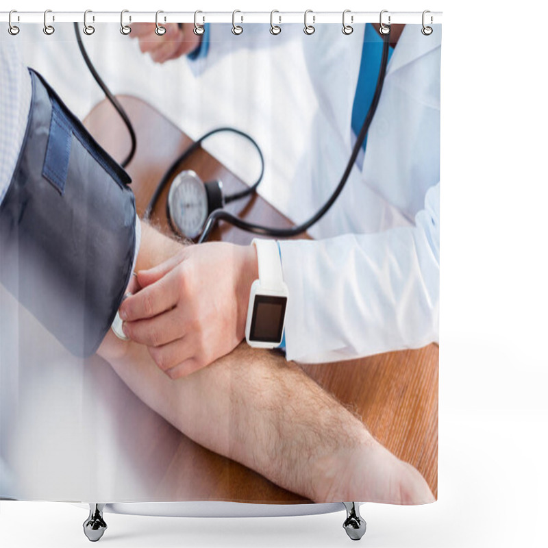 Personality  Doctor Measuring Pressure Of Patient Shower Curtains