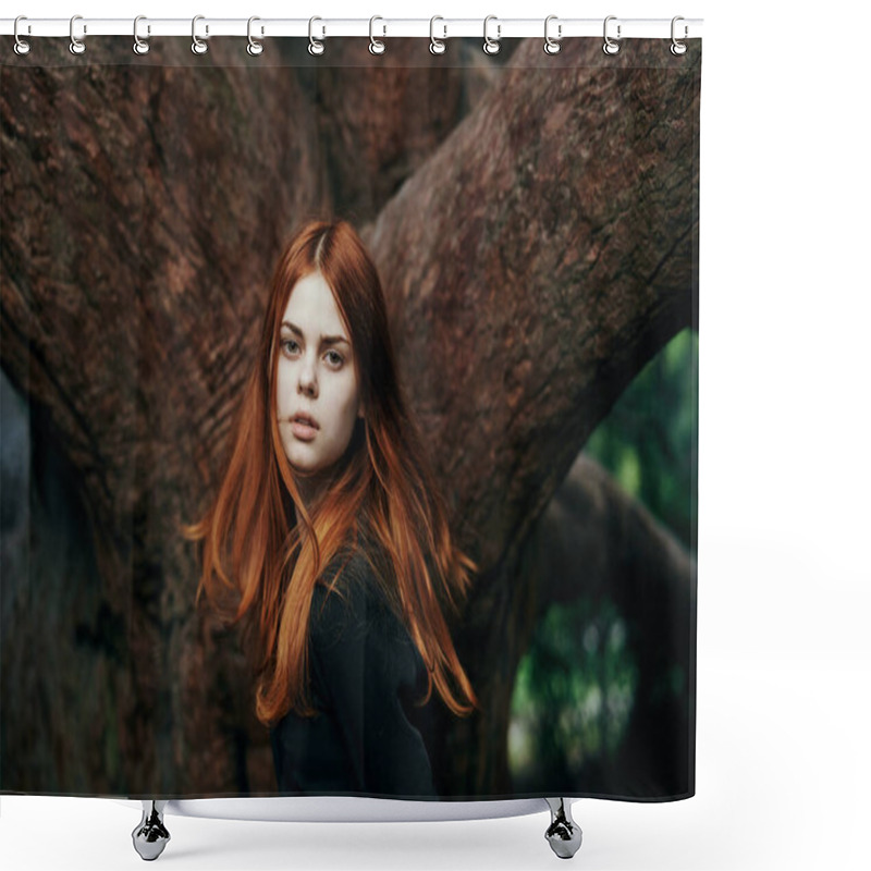 Personality  Woman In Black Dress Nature Walk Garden Trees Fresh Air Shower Curtains