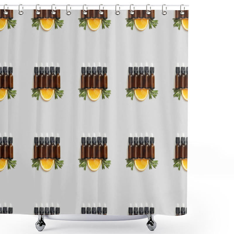 Personality  Pattern With Glass Bottles Of Essential Oil And Cut Orange On Grey Shower Curtains