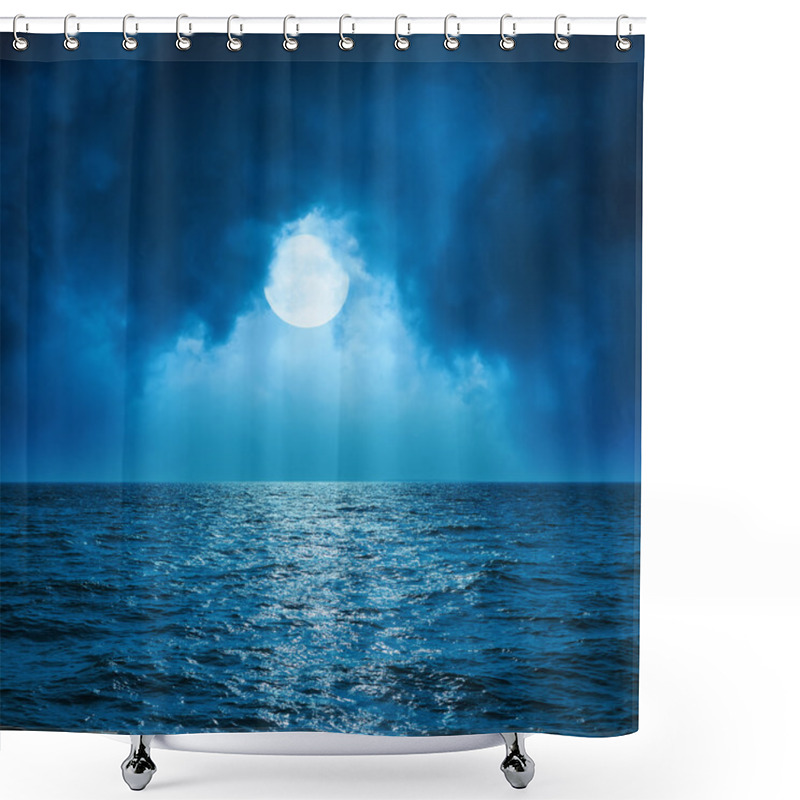 Personality  Full Moon In Clouds Over Dark Blue Sea Shower Curtains