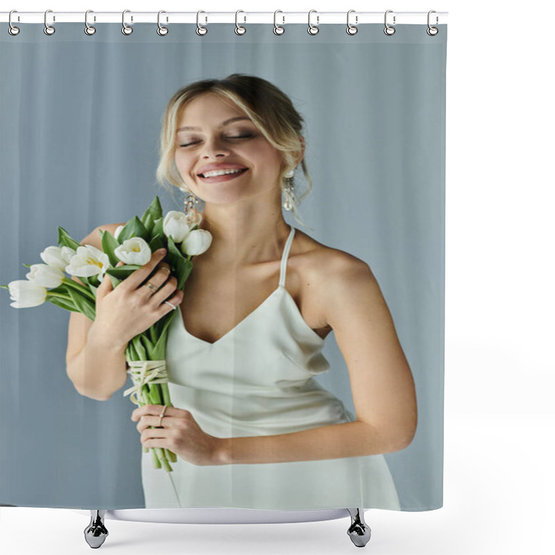 Personality  A Woman In A White Dress, Blonde Hair Cascading, Holding A Bouquet Of Flowers Against A Grey Backdrop. Shower Curtains