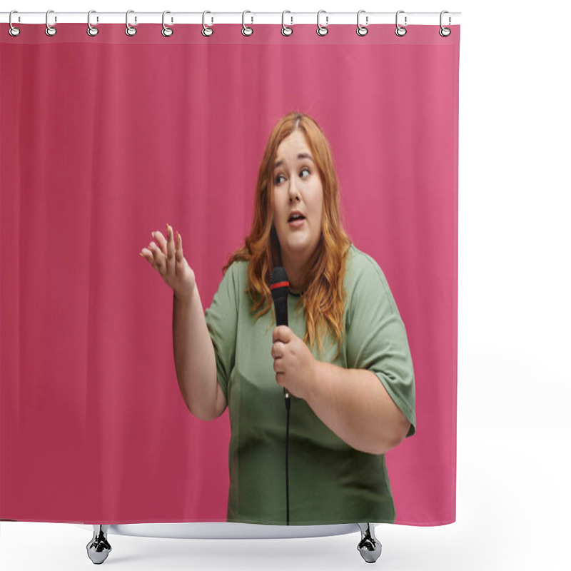 Personality  A Plus-size Woman Speaks Into A Microphone With A Pink Background. Shower Curtains