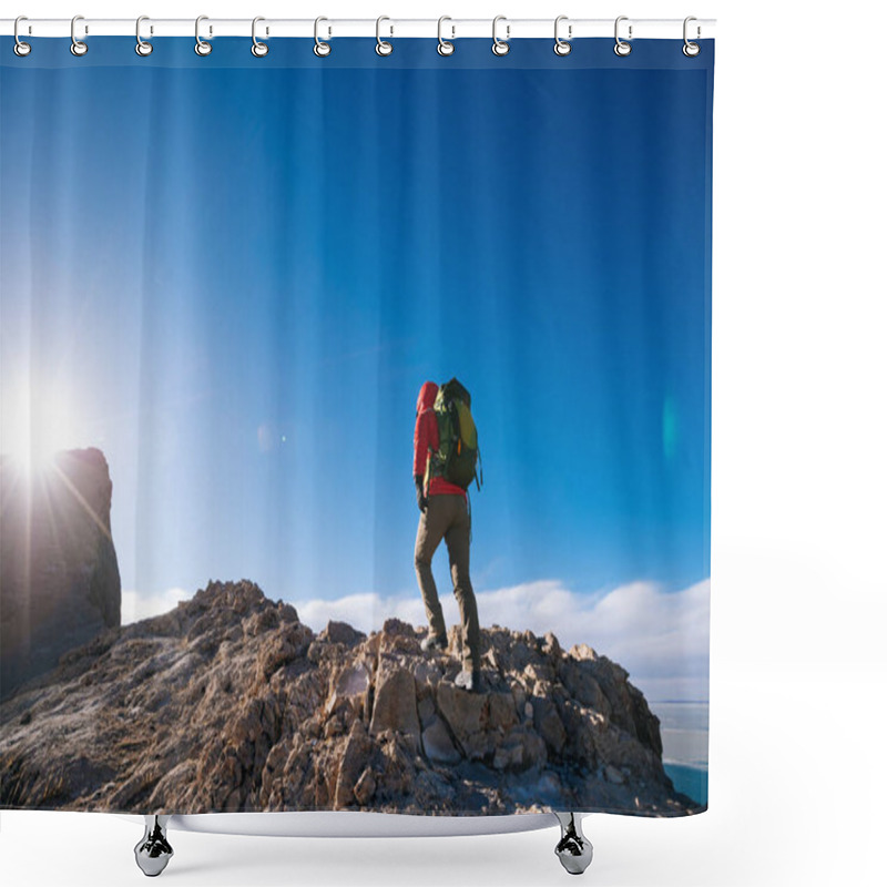 Personality  Woman Hiker Climbing To Mountain Top Cliff Edge At Lakeside Shower Curtains