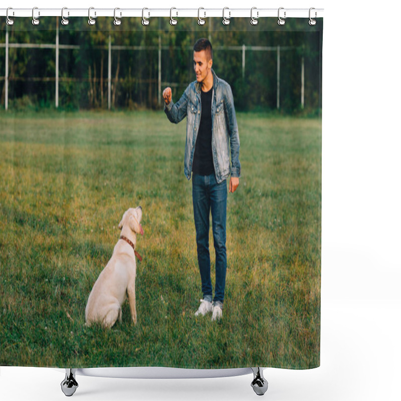 Personality  Man Trains His Dog Labrador In Park Shower Curtains