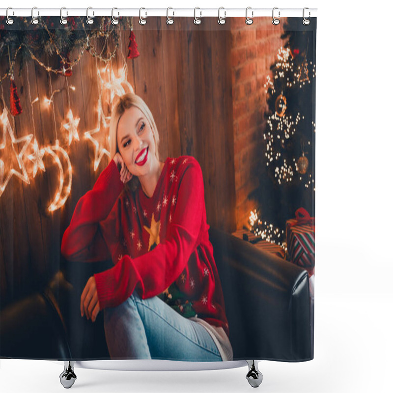 Personality  Photo Of Pretty Young Blonde Female Wondered Sit Sofa Relax Dressed Christmas Sweater Tradition Atmosphere Decor House Indoors Room. Shower Curtains