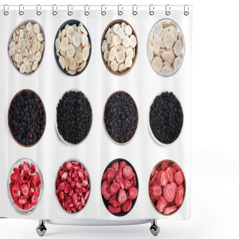 Personality  Set With Different Freeze Dried Berries And Bananas On White Background, Top View Shower Curtains