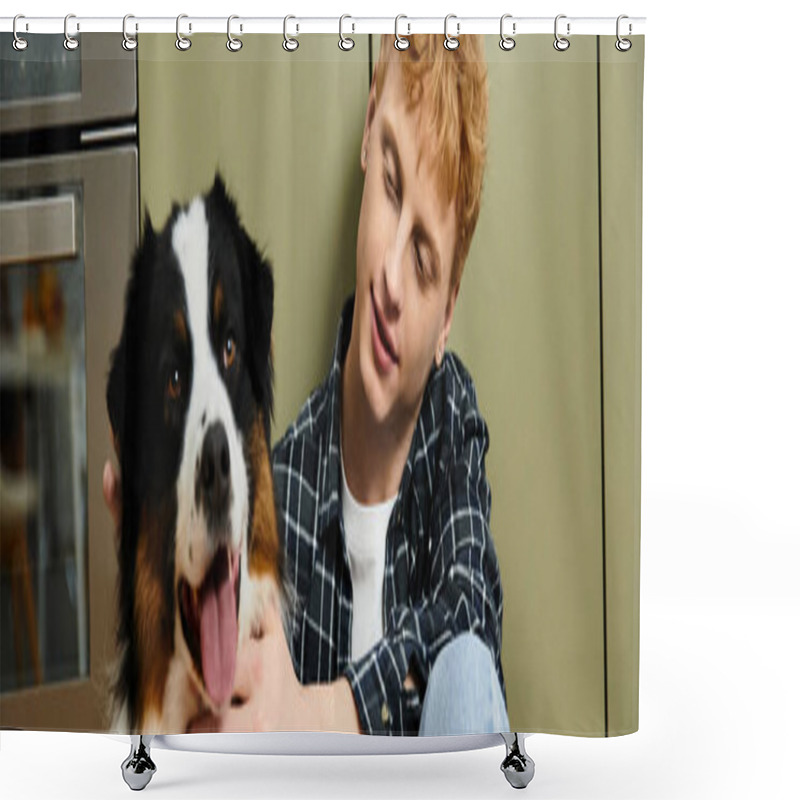 Personality  A Young Redhead Man Enjoys Playful Time With His Happy Australian Shepherd Dog At Home, Banner Shower Curtains