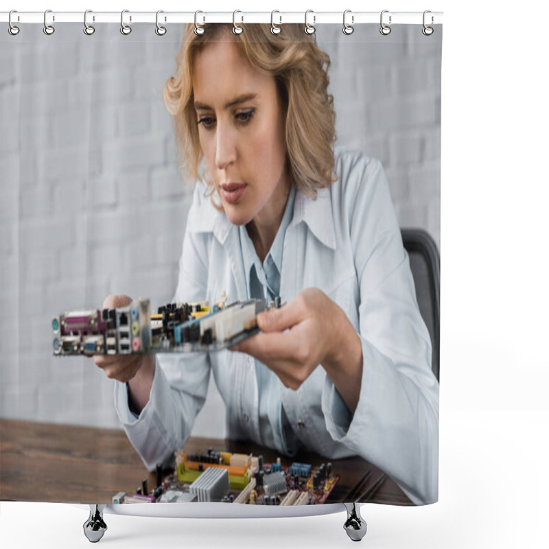 Personality  Concentrated Female Computer Engineer Holding Motherboard Shower Curtains