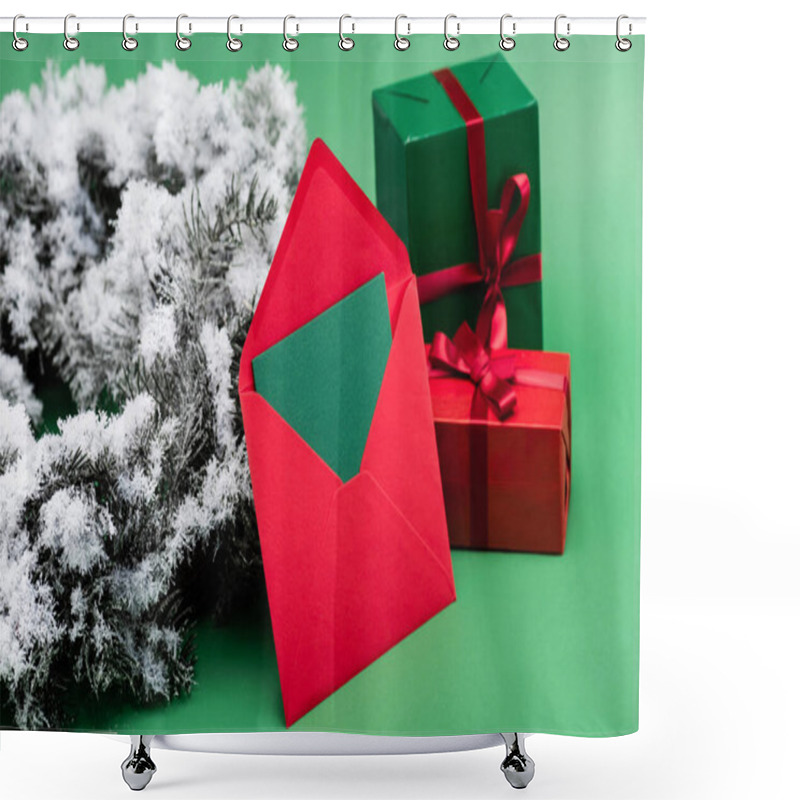 Personality  Red Envelope With Card Near Gift Boxes And Fir Branch With Decorative Snow On Green Shower Curtains