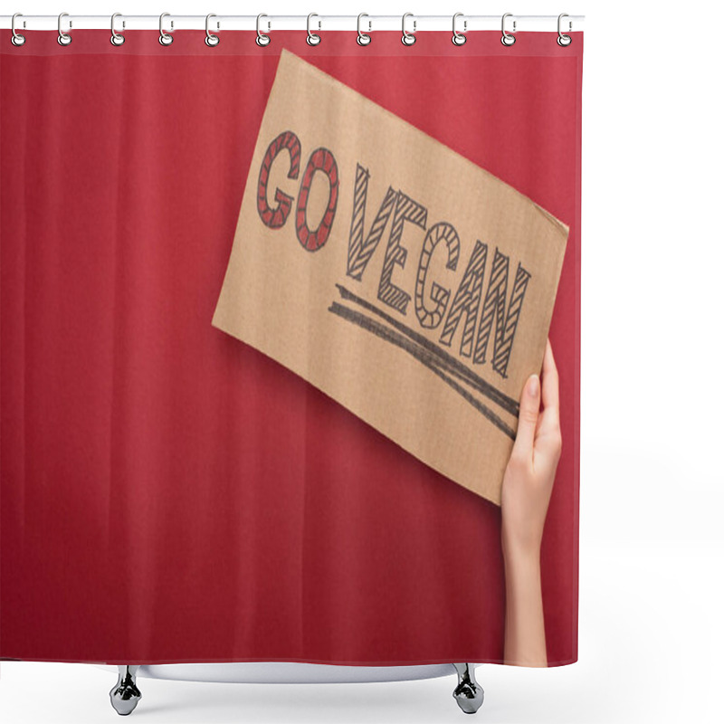 Personality  Partial View Of Woman Holding Sign With Go Vegan Inscription On Red Background Shower Curtains