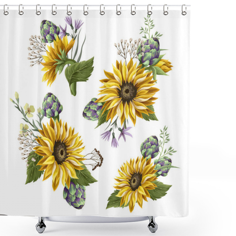 Personality  Sunflowers Bouquet With Wild Flower And Artichoke Isolated. Shower Curtains