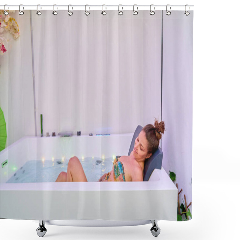 Personality  Woman Relaxing In Spa Jacuzzi With Peaceful Expression Shower Curtains