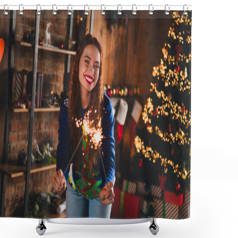 Personality  Photo Of Attractive Young Woman Hold Bengal Lights Dressed Blue Christmas Outfit Cozy Day Light Home Party Decoration Interior Living Room. Shower Curtains