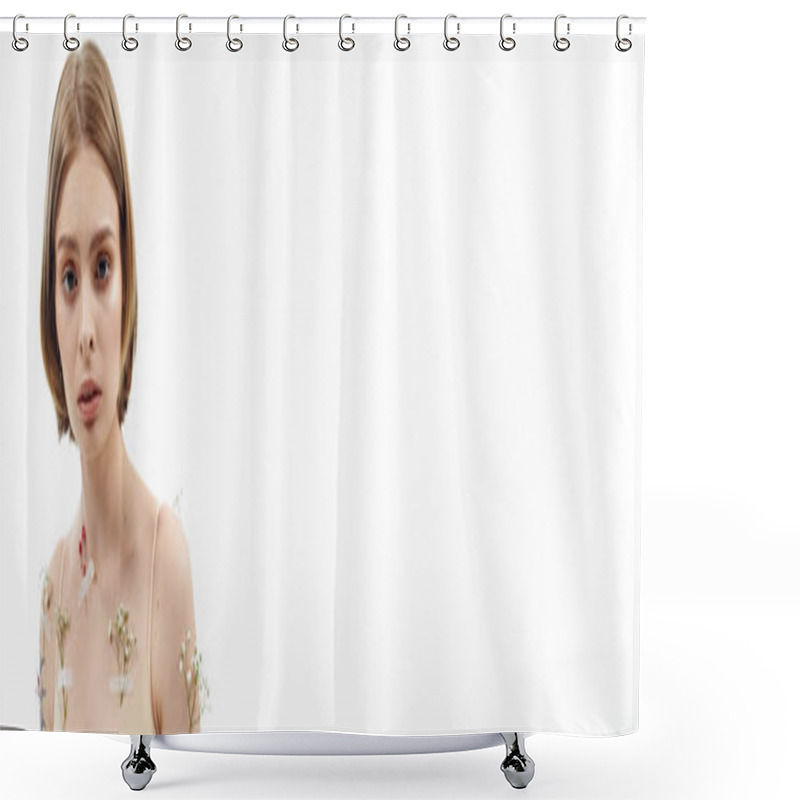 Personality  Young Blonde Woman In Underwear With Flowers On Her Skin. Shower Curtains