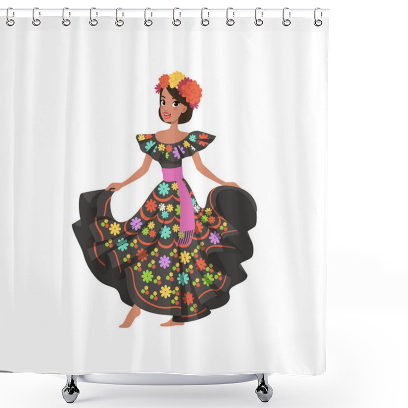 Personality  Young Beautiful Mexican Woman In Black Traditional National Dress Vector Illustration On A White Background Shower Curtains