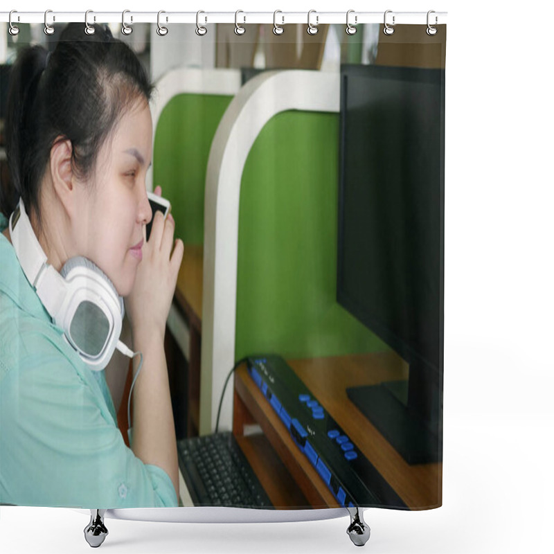 Personality  Asian Young Blind Person Woman With Headphone Using Smart Phone With Voice Assistive Technology For Disabilities Persons In Workplace With Computer And Braille Display On Table. Shower Curtains