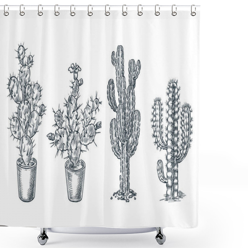 Personality  Cactuses And Succulents Vector Sketch Illustration. Desert Nature Plants, Hand Drawn Print Design Elements Set. Shower Curtains