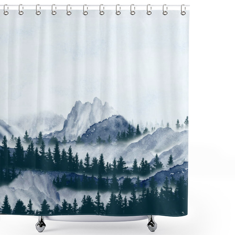 Personality  Watercolor Painting Landscape Panorama Of Pine Mountain Forest, Background, Blue With Gray, Winter Or Spring Woods, Nature With Coniferous Trees, Travel Woodland And Scene Illustration Or Banners. Shower Curtains