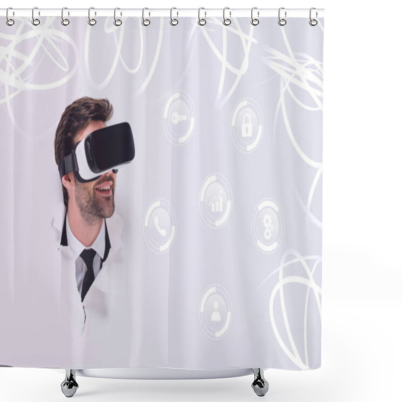 Personality  Smiling Man In Virtual Reality Headset In Hole In Wall With Glowing Cyberspace Illustration Shower Curtains