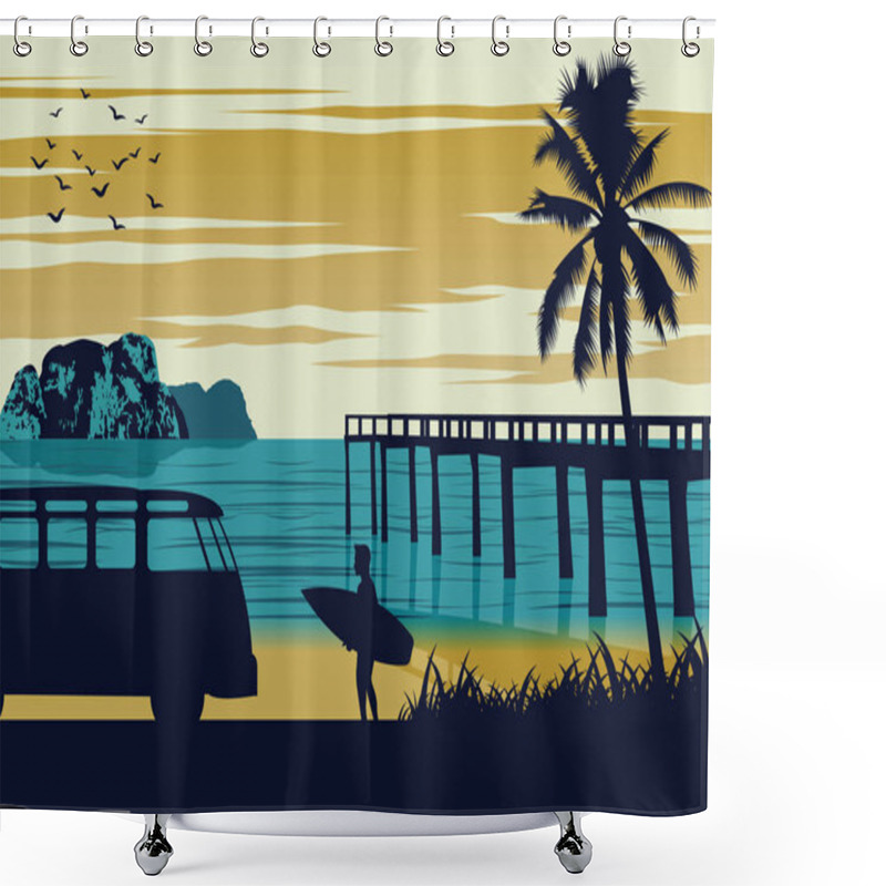 Personality  Nature Scene Of Sea In Summer,man Hold Surfboard Near Beach And  Shower Curtains