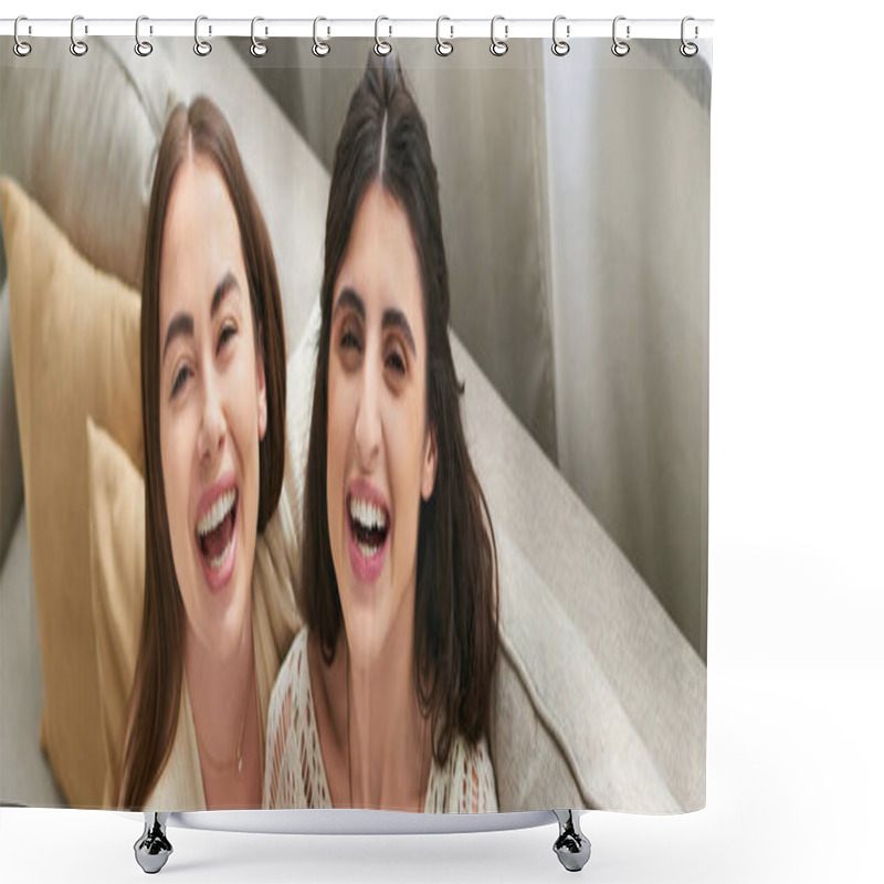 Personality  Beautiful Lgbt Couple Sitting On Sofa And Smiling Sincerely At Camera, Ivf Concept, Banner Shower Curtains