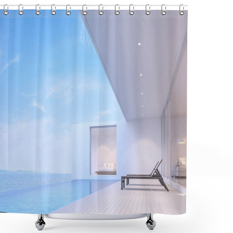 Personality  Pool Villa Terrace 3d Render.There White Wooden Floor.Furnished With Black Sunbed. There Are White Wooden Floor Overlooks To Borderless Swimming Pool And Sea View. Shower Curtains