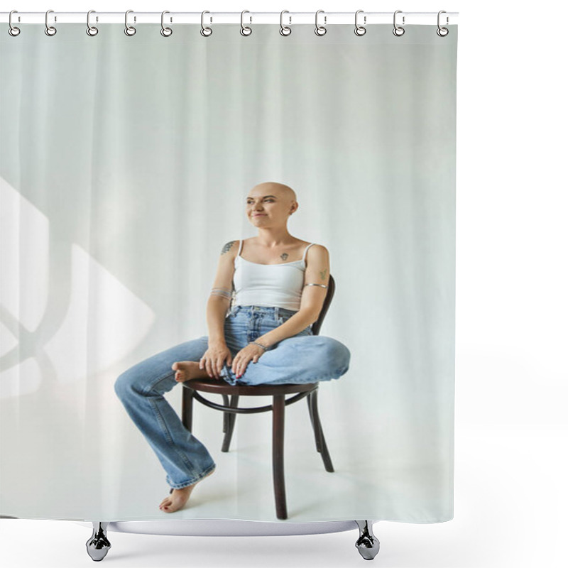 Personality  A Young Bald Woman Exudes Self Assurance As She Poses Gracefully In Soft Light. Shower Curtains