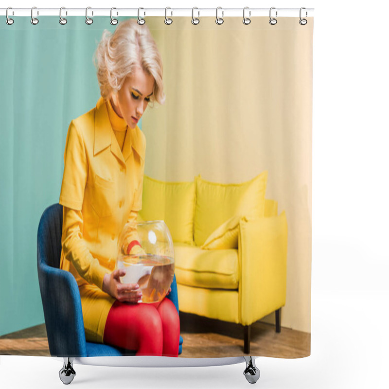 Personality  Young Woman In Retro Style Clothing With Golden Fish In Aquarium Sitting On Chair At Colorful Apartment, Doll House Concept Shower Curtains