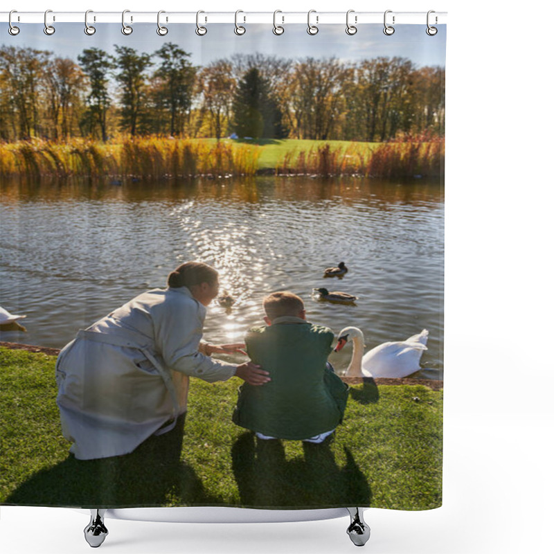 Personality  Back View Of African American Woman And Boy Looking At Lake With Ducks And Swans, Childhood, Joy Shower Curtains