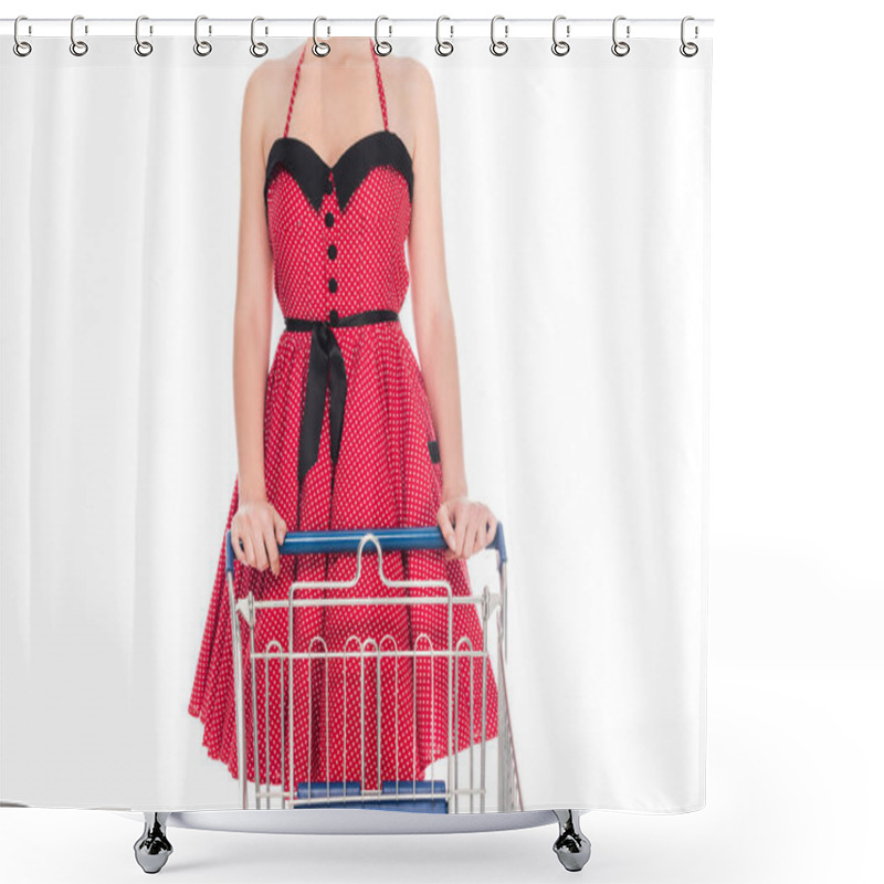 Personality  Cropped Image Of Woman In Pin Up Dress Standing With Shopping Cart Isolated On White  Shower Curtains