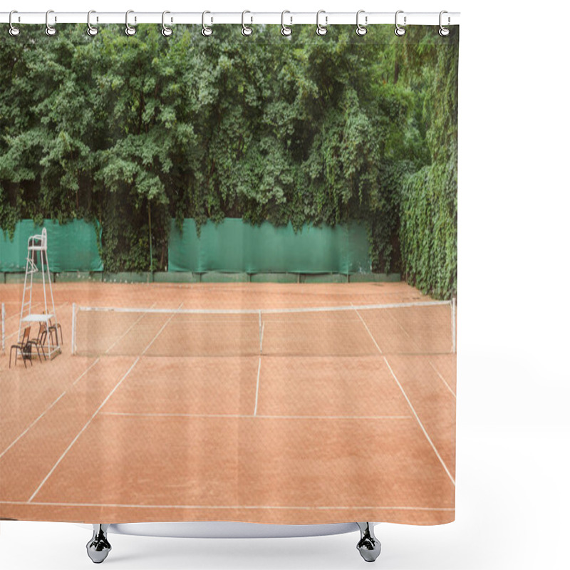 Personality  View Of Brown Tennis Court With Chairs And Tennis Net Shower Curtains