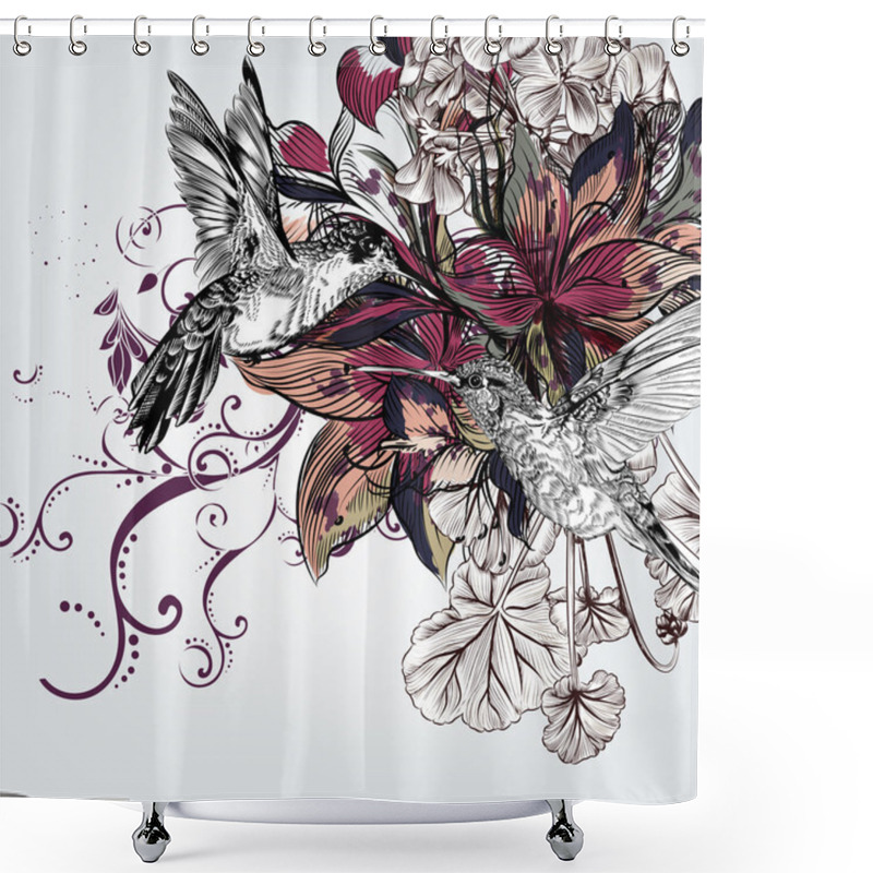 Personality  Vector Background With Lily Flowers And Birds In Engraved Style Shower Curtains