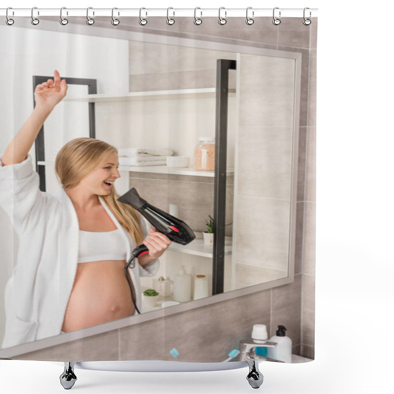 Personality  Happy Beautiful Pregnant Woman In Bathrobe Singing At Hair Dryer In Front Of Mirror In Bathroom Shower Curtains