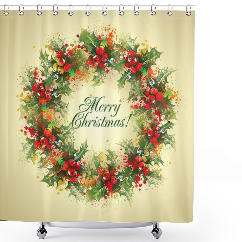 Personality  Christmas Card. The Holly Wreath On A Beige Background. Vector I Shower Curtains